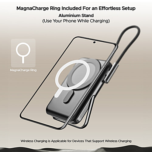 boAt Energyshroom Power Bank PB330 MagnaCharge Power Bank 10000 mAh, 15W Fast Wireless Charging - Black, 1 pc MagnaCharge Ring, LED Battery Display, Dual Mode Charging