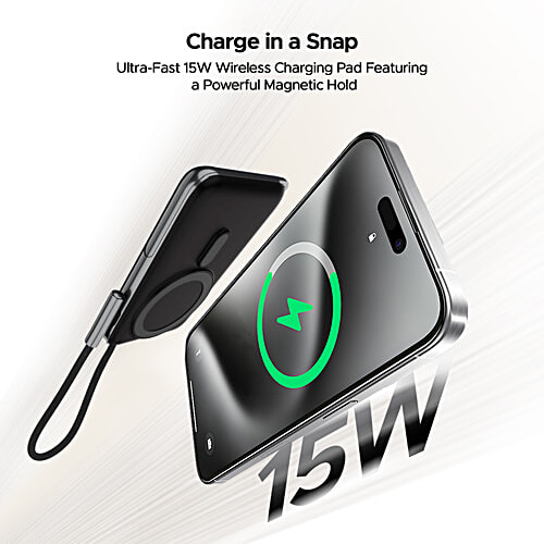 boAt Energyshroom Power Bank PB330 MagnaCharge Power Bank 10000 mAh, 15W Fast Wireless Charging - Black, 1 pc MagnaCharge Ring, LED Battery Display, Dual Mode Charging