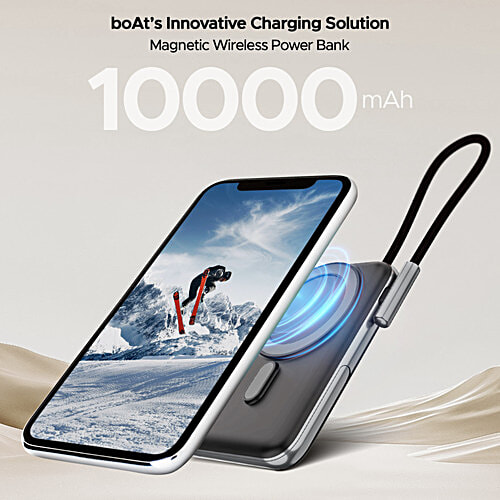 boAt Energyshroom Power Bank PB330 MagnaCharge Power Bank 10000 mAh, 15W Fast Wireless Charging - Black, 1 pc MagnaCharge Ring, LED Battery Display, Dual Mode Charging