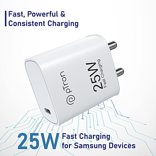 pTron Volta FC19 25W Type C Fast Charger - Compatible With Samsung S20 FE/S20+/S21/S21+/S21 FE/S21 Ultra, White, 1 pc