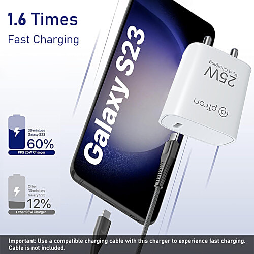 pTron Volta FC19 25W Type C Fast Charger - Compatible With Samsung S20 FE/S20+/S21/S21+/S21 FE/S21 Ultra, White, 1 pc