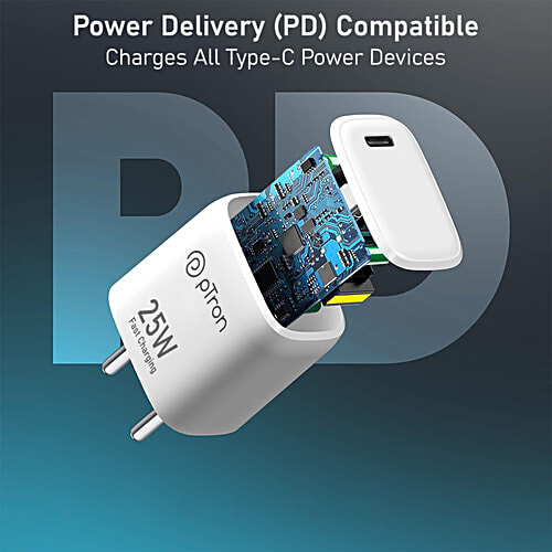 pTron Volta FC19 25W Type C Fast Charger - Compatible With Samsung S20 FE/S20+/S21/S21+/S21 FE/S21 Ultra, White, 1 pc