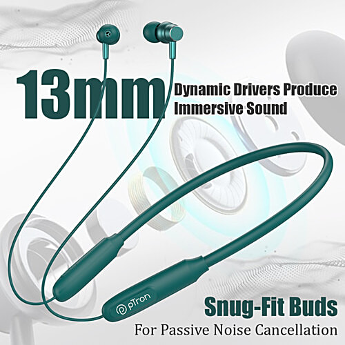 pTron Tangent Flex Wireless Neckband - With HD Mic, 38Hrs Playtime, Deep Bass & Dual Device Pairing, Green, 1 pc