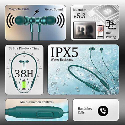 pTron Tangent Flex Wireless Neckband - With HD Mic, 38Hrs Playtime, Deep Bass & Dual Device Pairing, Green, 1 pc