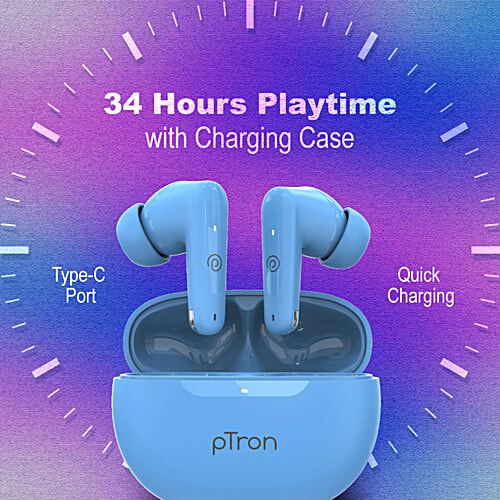 pTron Basspods Mojo TWS Earbuds - 34hrs Playtime, Clear Calls, Immersive Sound & Voice Assist, Light Blue, 1 pc  