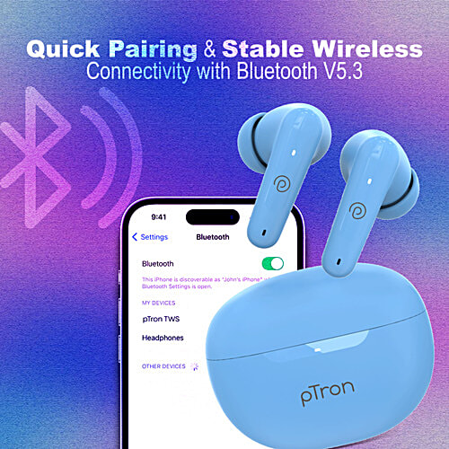 pTron Basspods Mojo TWS Earbuds - 34hrs Playtime, Clear Calls, Immersive Sound & Voice Assist, Light Blue, 1 pc  