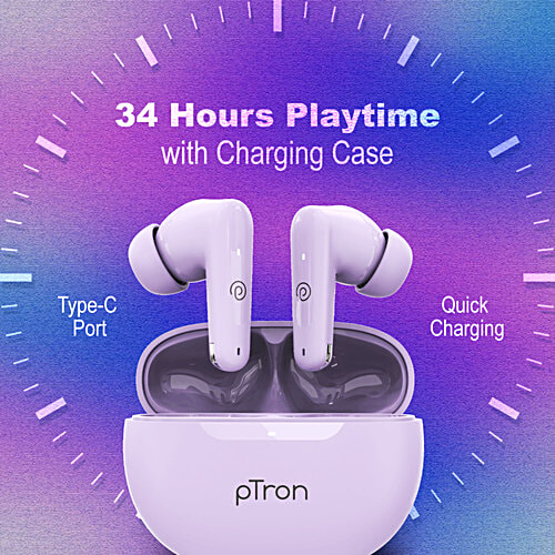 pTron Basspods Mojo TWS Earbuds - 34hrs Playtime, Clear Calls, Immersive Sound & Voice Assist, Lilac, 1 pc  
