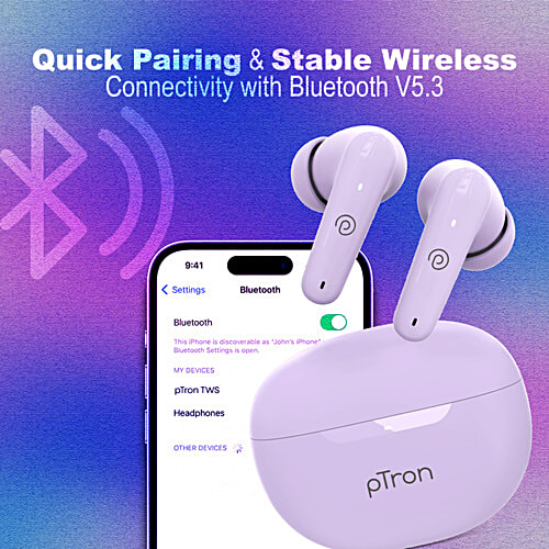 pTron Basspods Mojo TWS Earbuds - 34hrs Playtime, Clear Calls, Immersive Sound & Voice Assist, Lilac, 1 pc  
