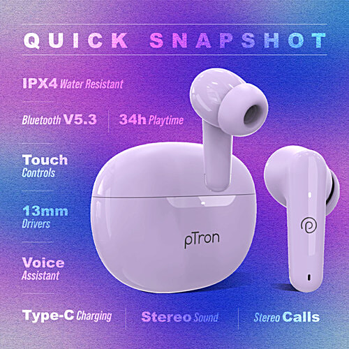 pTron Basspods Mojo TWS Earbuds - 34hrs Playtime, Clear Calls, Immersive Sound & Voice Assist, Lilac, 1 pc  