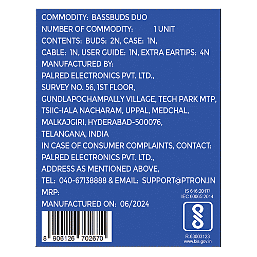 pTron Bassbuds Duo TWS Earbuds - With Stereo Calls, 32H Playtime, Stereo Sound & Type C Charging, Black, 1 pc