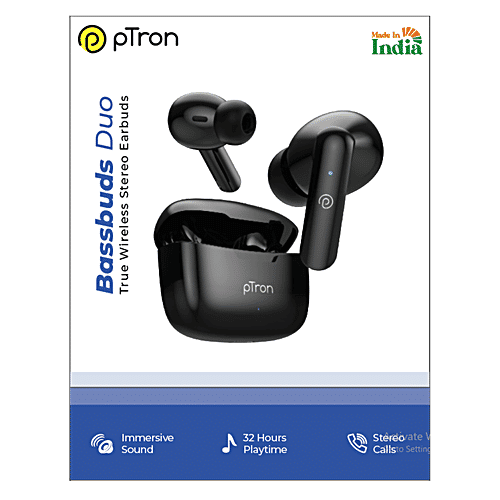 pTron Bassbuds Duo TWS Earbuds - With Stereo Calls, 32H Playtime, Stereo Sound & Type C Charging, Black, 1 pc