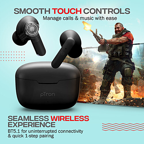 pTron Bassbuds Duo TWS Earbuds - With Stereo Calls, 32H Playtime, Stereo Sound & Type C Charging, Black, 1 pc
