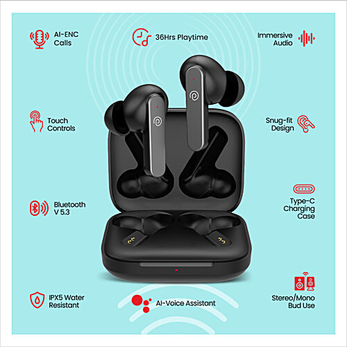 pTron Bassbuds GoMax TWS Earbuds - With HD Mic & TruTalk, AI ENC Calls, 36H Playtime & Deep Bass, Black, 1 pc