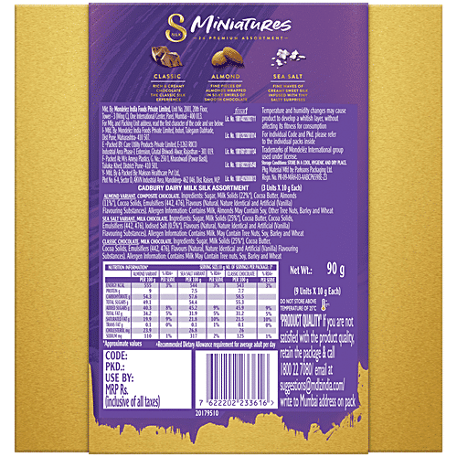 Cadbury Dairy Milk Silk Miniatures Premium Assorted Chocolate Gift Pack, 90 g (9 x 10 g) 3 Delectable Flavours, Premium Chocolate Collection, Perfect for Gifting on Special Occasions