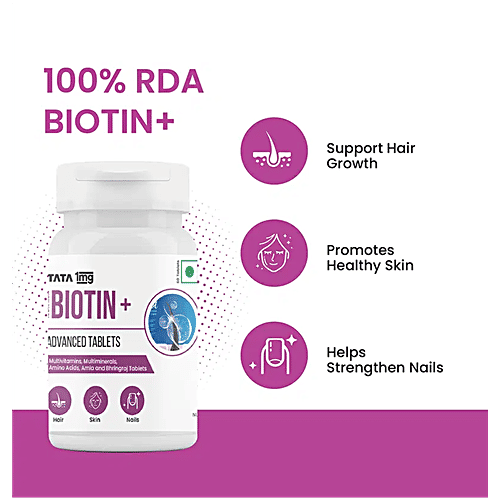 Tata 1mg Biotin + Advanced Tablet For Healthy & Strong Hair, Skin, Nails, 60 pcs  