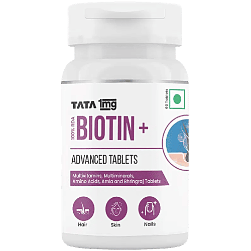 Tata 1mg Biotin + Advanced Tablet For Healthy & Strong Hair, Skin, Nails, 60 pcs  