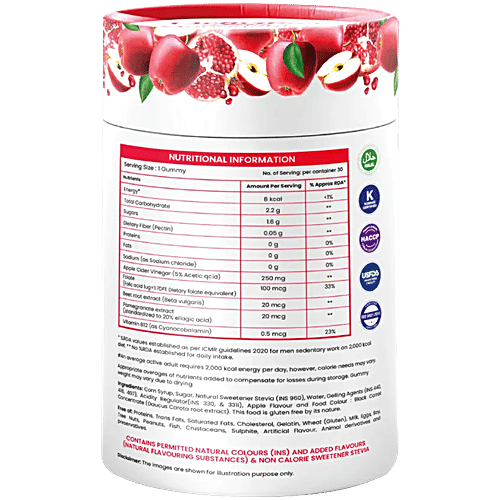 Tata 1mg Apple Cider Vinegar Gummies With The ‘Mother’ of Vinegar, Beetroot & Pomegranate Extract For Weight Management, 30 pcs  