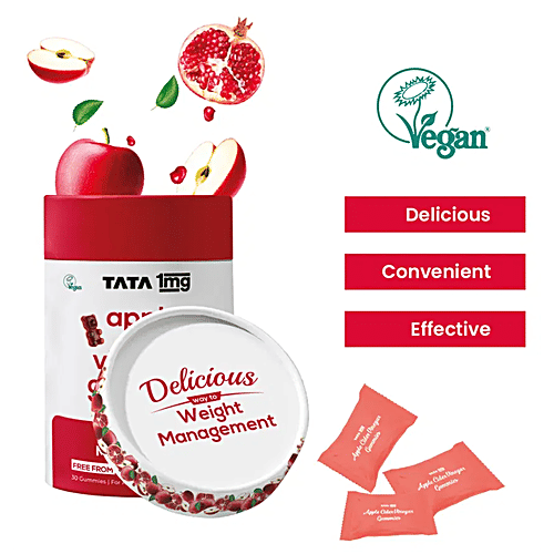Tata 1mg Apple Cider Vinegar Gummies With The ‘Mother’ of Vinegar, Beetroot & Pomegranate Extract For Weight Management, 30 pcs  