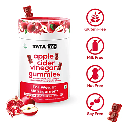 Tata 1mg Apple Cider Vinegar Gummies With The ‘Mother’ of Vinegar, Beetroot & Pomegranate Extract For Weight Management, 30 pcs  