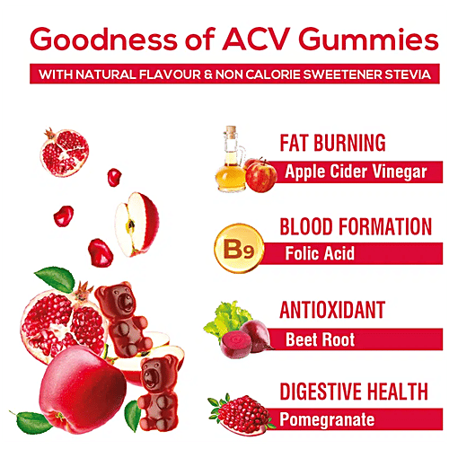 Tata 1mg Apple Cider Vinegar Gummies With The ‘Mother’ of Vinegar, Beetroot & Pomegranate Extract For Weight Management, 30 pcs  