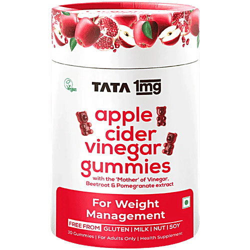 Tata 1mg Apple Cider Vinegar Gummies With The ‘Mother’ of Vinegar, Beetroot & Pomegranate Extract For Weight Management, 30 pcs  
