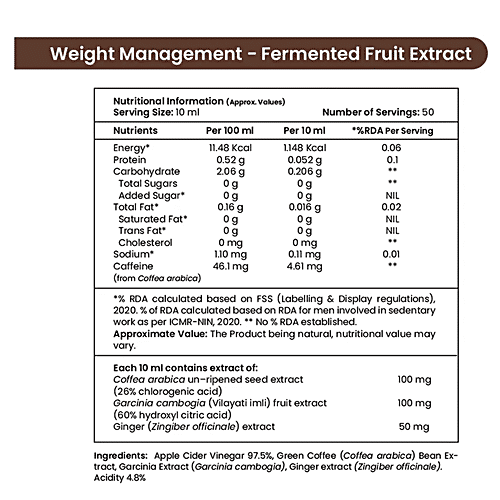 Tata 1mg Weight Management Juice With Green Coffee, Garcinia, Ginger, & Apple Cider Vinegar, 500 ml  Fermented Fruit Extract