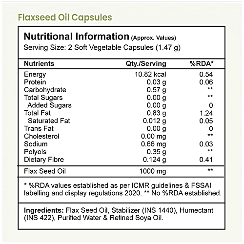 Tata 1mg Flaxseed Oil 1000 mg Veg Omega 3 Capsule For Heart Health, 60 pcs  