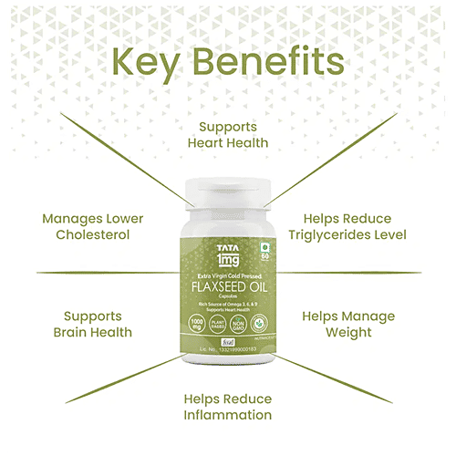 Tata 1mg Flaxseed Oil 1000 mg Veg Omega 3 Capsule For Heart Health, 60 pcs  