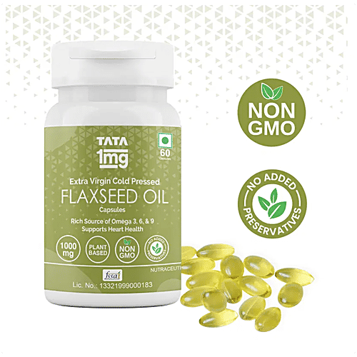 Tata 1mg Flaxseed Oil 1000 mg Veg Omega 3 Capsule For Heart Health, 60 pcs  