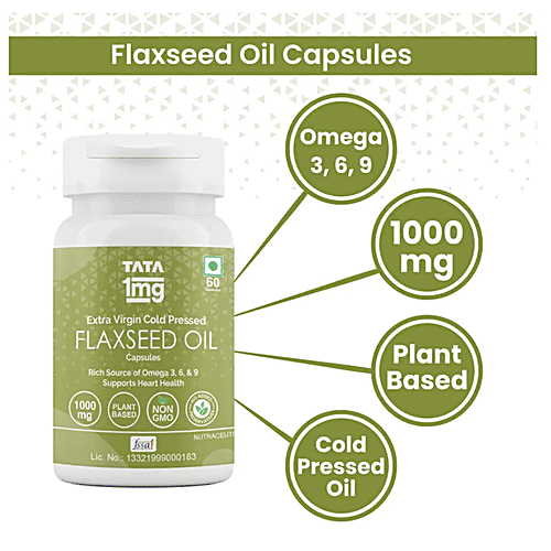 Tata 1mg Flaxseed Oil 1000 mg Veg Omega 3 Capsule For Heart Health, 60 pcs  