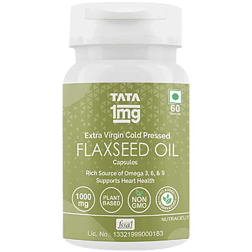 Tata 1mg Flaxseed Oil 1000 mg Veg Omega 3 Capsule For Heart Health, 60 pcs  