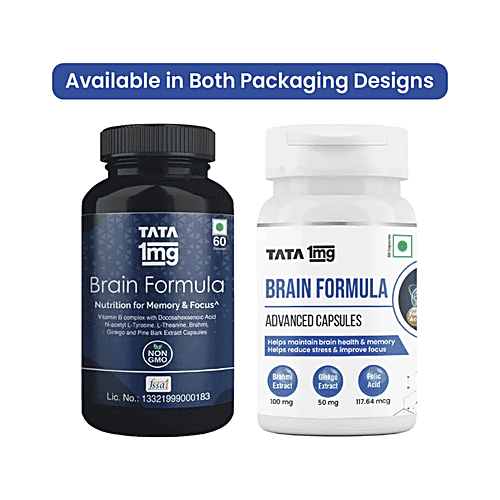 Tata 1mg Brain Formula With Vitamin B Complex, L-Tyrosine, L-Theanine, Brahmi, Ginkgo & Pine Bark Extract Capsule, 60 pcs  
