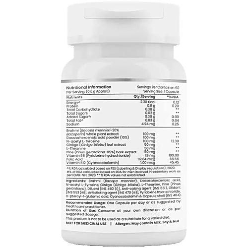 Tata 1mg Brain Formula With Vitamin B Complex, L-Tyrosine, L-Theanine, Brahmi, Ginkgo & Pine Bark Extract Capsule, 60 pcs  
