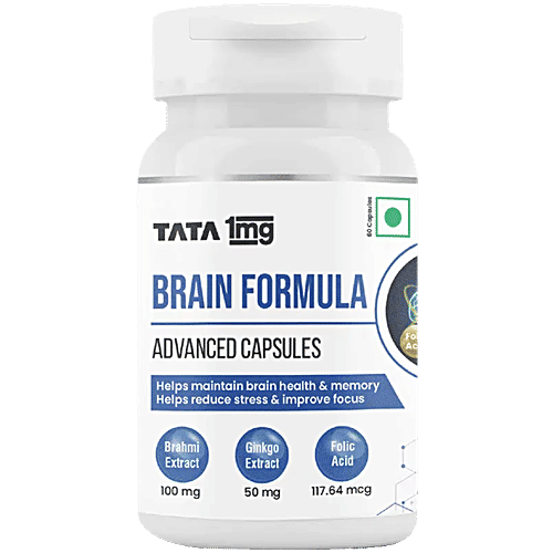 Tata 1mg Brain Formula With Vitamin B Complex, L-Tyrosine, L-Theanine, Brahmi, Ginkgo & Pine Bark Extract Capsule, 60 pcs  
