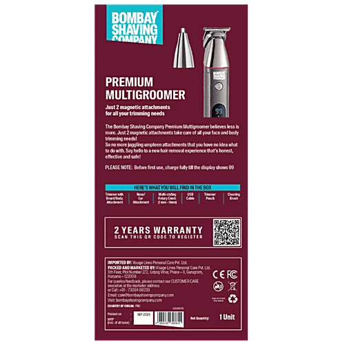 Bombay Shaving Company Premium Multigroomer, 1 pc Beard, Body, Nose & Ears Attachments, Multi Length Setting Combs, IPX6 Waterproof