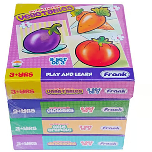 Frank Combo Puzzle For 3-Year-Old Kids & Above - Vegetables, Flowers, Wild Animals & Dinosaurs, 1 pc (4 Puzzles x Set of 3 each) Vegetables, Flowers, Wild Animals & Dinosaurs
 Play and Learn Technique