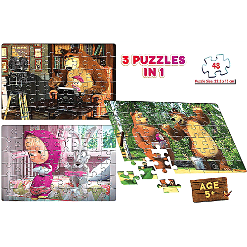 Frank Masha & The Bear 48 Pieces 3 In 1 Jigsaw Puzzle For Kids Above 5+ Years - 70204, 1 pc (Set of 3) Fun & Challenging Brain Booster Games For Focus & Memory