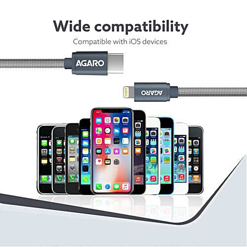 Agaro Type C To 8 Pin Lightning Cable - For Apple Devices, 1 m, 2.4 A, Grey, 1 pc