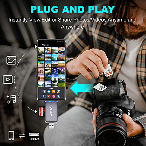 Agaro USB A/Micro USB & Type C Multiple Card Reader - USB 3.0 and Micro USB OTG Memory Card Adapter, Portable 1 Slot For TF, SD, Micro SD, SDXC, SDHC, MMC, RS MMC, Micro SDXC, 1 pc  