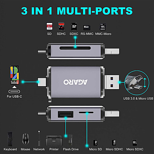Agaro USB A/Micro USB & Type C Multiple Card Reader - USB 3.0 and Micro USB OTG Memory Card Adapter, Portable 1 Slot For TF, SD, Micro SD, SDXC, SDHC, MMC, RS MMC, Micro SDXC, 1 pc  
