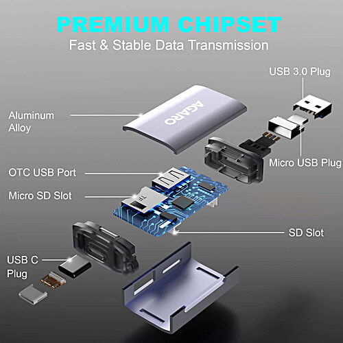 Agaro USB A/Micro USB & Type C Multiple Card Reader - USB 3.0 and Micro USB OTG Memory Card Adapter, Portable 1 Slot For TF, SD, Micro SD, SDXC, SDHC, MMC, RS MMC, Micro SDXC, 1 pc  