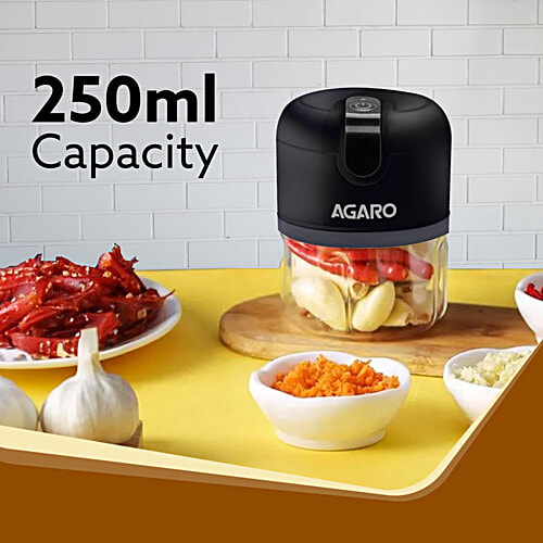 Agaro Elite Rechargeable Black Mini Electric Chopper, 250 ml  Food Grade Bowl, Stainless Steel Blades, One-Touch Use, For Mincing Garlic, Ginger, Onion, Vegetable, Meat, Nuts