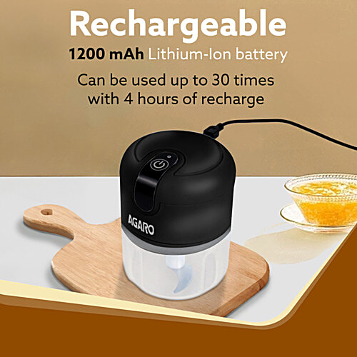 Agaro Elite Rechargeable Black Mini Electric Chopper, 250 ml  Food Grade Bowl, Stainless Steel Blades, One-Touch Use, For Mincing Garlic, Ginger, Onion, Vegetable, Meat, Nuts