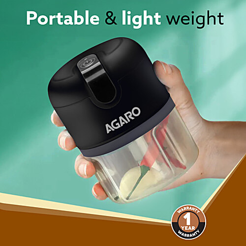 Agaro Elite Rechargeable Black Mini Electric Chopper, 250 ml  Food Grade Bowl, Stainless Steel Blades, One-Touch Use, For Mincing Garlic, Ginger, Onion, Vegetable, Meat, Nuts