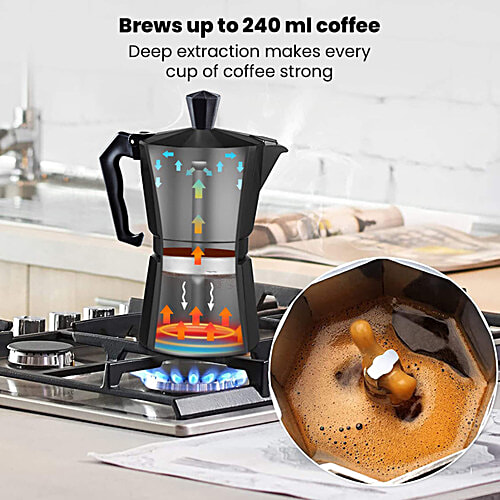 Agaro Classic Moka Pot Stovetop Espresso Coffee Maker - Premium Aluminium Built, Italian Style Mocha, Cuban Café Brewing, Black, 240 ml