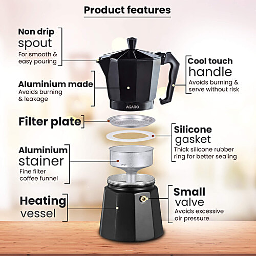 Agaro Classic Moka Pot Stovetop Espresso Coffee Maker - Premium Aluminium Built, Italian Style Mocha, Cuban Café Brewing, Black, 240 ml