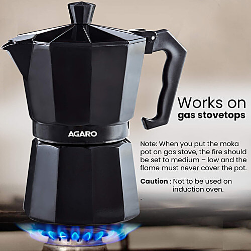 Agaro Classic Moka Pot Stovetop Espresso Coffee Maker - Premium Aluminium Built, Italian Style Mocha, Cuban Café Brewing, Black, 240 ml
