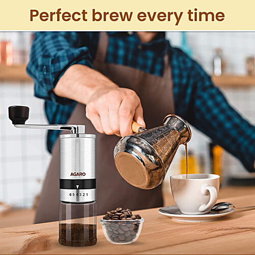Agaro Elite Manual Coffee Grinder - Ceramic, With Glass Jar, 6 Adjustable Settings, Stainless Steel Body, Tooth Handle, No Power, Whole Bean, Drip Coffee, Espresso, Silver, 1 pc