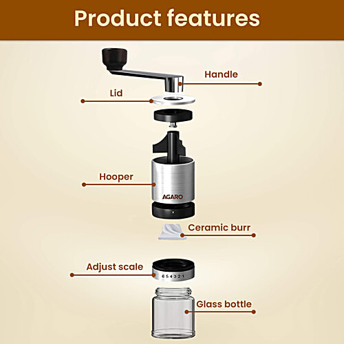 Agaro Elite Manual Coffee Grinder - Ceramic, With Glass Jar, 6 Adjustable Settings, Stainless Steel Body, Tooth Handle, No Power, Whole Bean, Drip Coffee, Espresso, Silver, 1 pc
