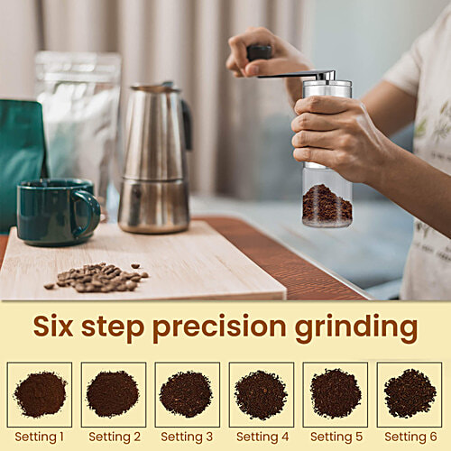 Agaro Elite Manual Coffee Grinder - Ceramic, With Glass Jar, 6 Adjustable Settings, Stainless Steel Body, Tooth Handle, No Power, Whole Bean, Drip Coffee, Espresso, Silver, 1 pc
